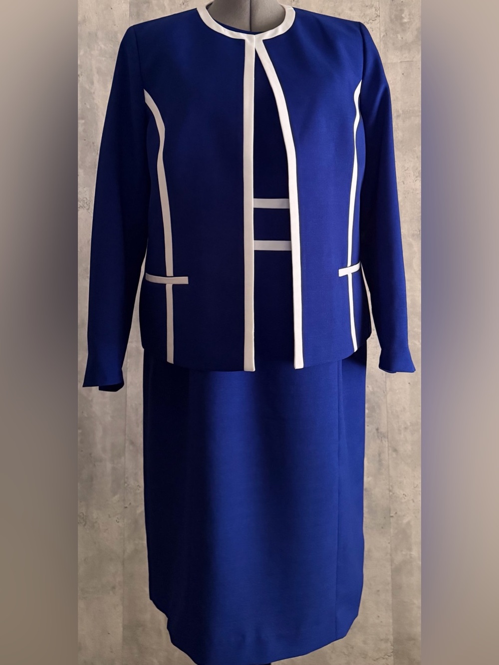 Black Label Evan Picone Professional 2pc Blue Open Blazer Wht Piping Dress Sz 16